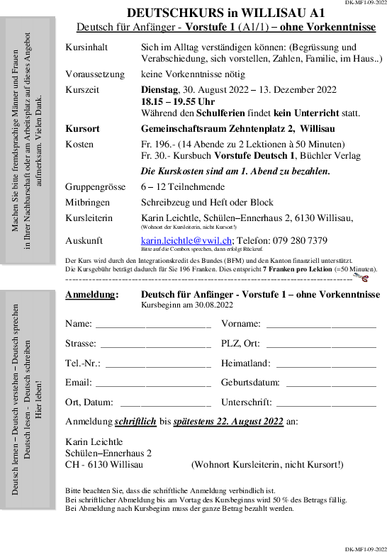Deutschkurs für Männer und Frauen in Willisau