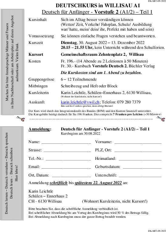 Deutschkurs für Männer und Frauen in Willisau