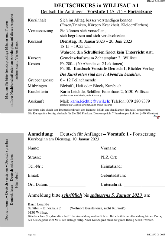 Deutschkurs für Männer und Frauen in Willisau