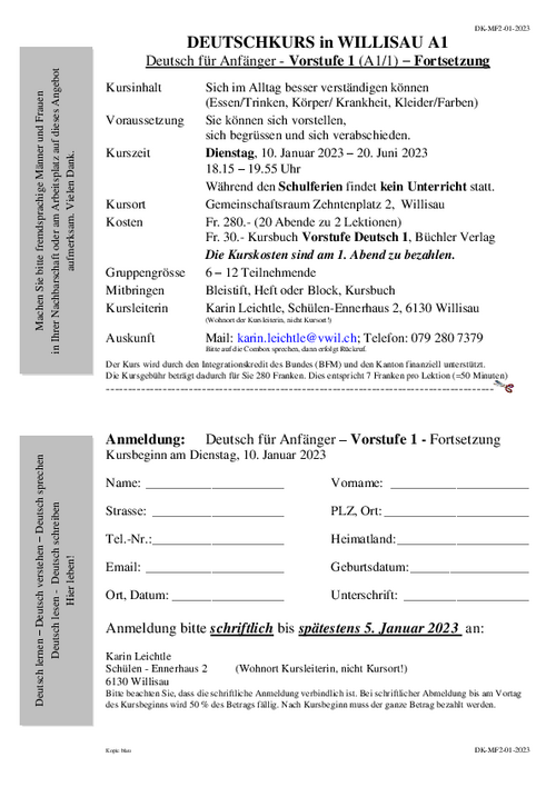 Deutschkurs für Männer und Frauen in Willisau